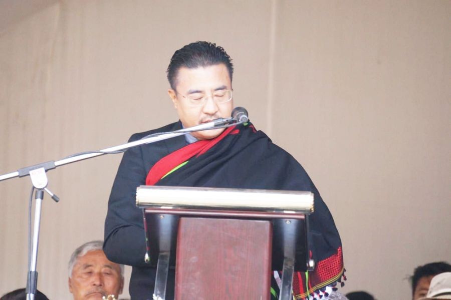 Neibalie Rio speaking at the 75 Years Platinum Jubilee Celebration of the Merama Youth Organization, Phesama village held on December 20.